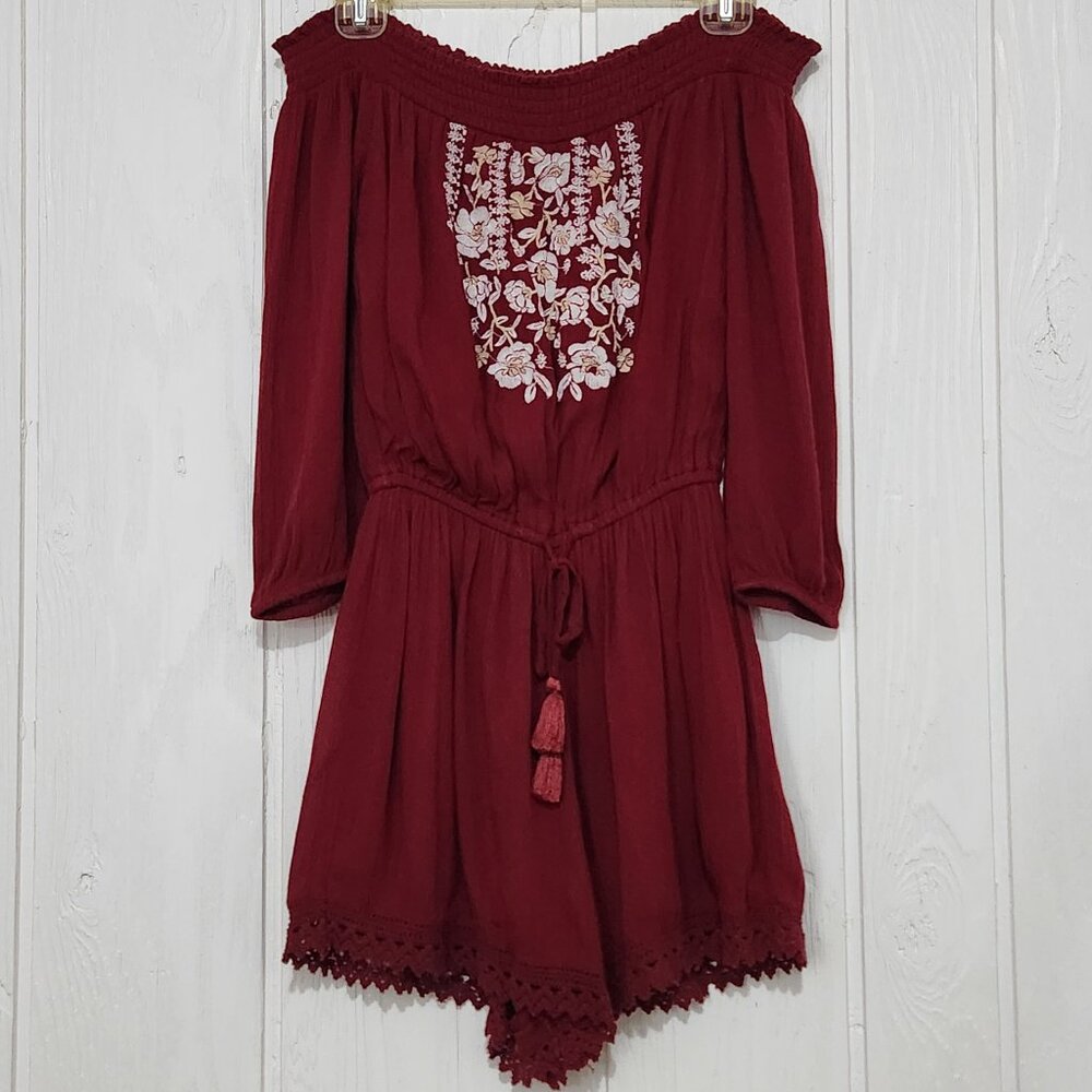 Abercrombie & Fitch Off the Shoulder Maroon Embroidered Boho Romper - Size S